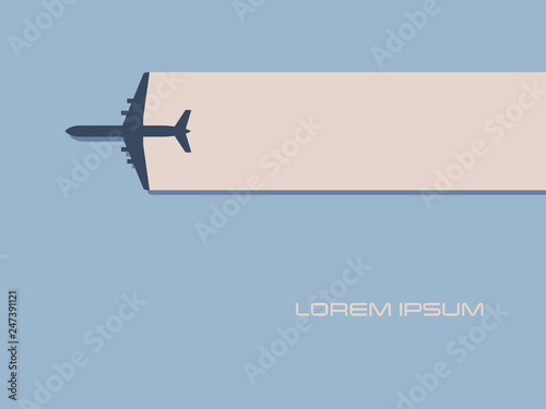 Airplane traveling vector concept with plane flying across frame. Symbol of summer holiday, transportation, vacation, recreation and adventures.