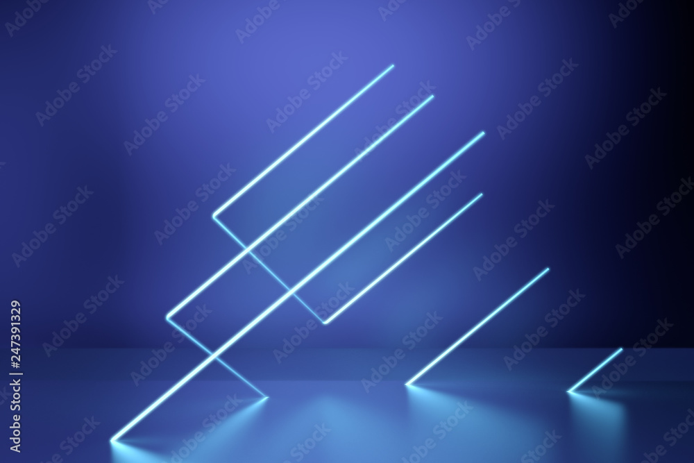 Glowing lines, neon lights, virtual reality, abstract background, square portal, arch, blue spectrum vibrant colors, laser show. 3d rendering. Glowing lines, neon lights, virtual reality, abstract background, square portal, arch, blue spectrum vibrant colors, laser show. 3d rendering.