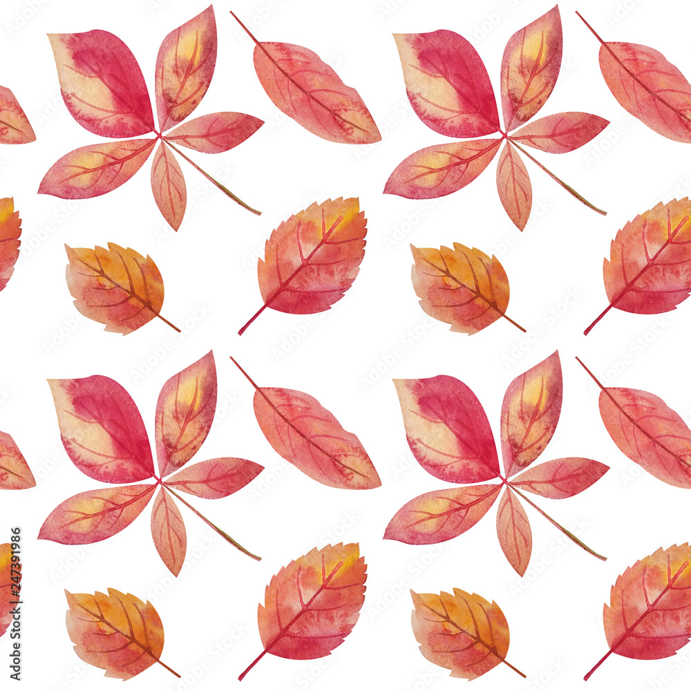 Watercolor seamless pattern with green, red, yellow autumn leaves. Watercolor floral background