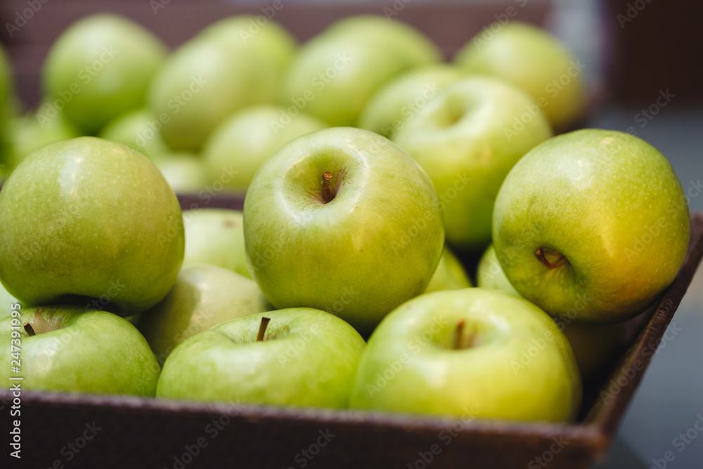 Green apple Raw fruit and vegetable backgrounds overhead perspective, part of a set collection of healthy organic fresh produce