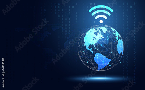 Futuristic blue earth with Wifi internet abstract technology background. Artificial intelligence digital transformation and big data concept. Business quantum internet network communication concept