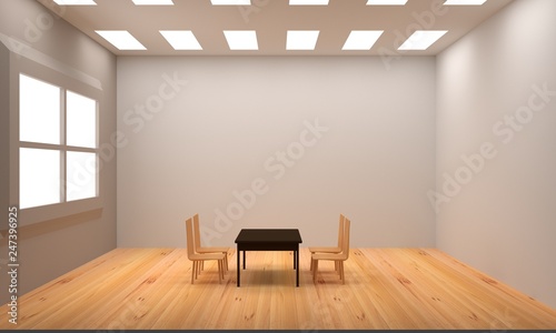 Wood chair and table in  room, 3D rendering