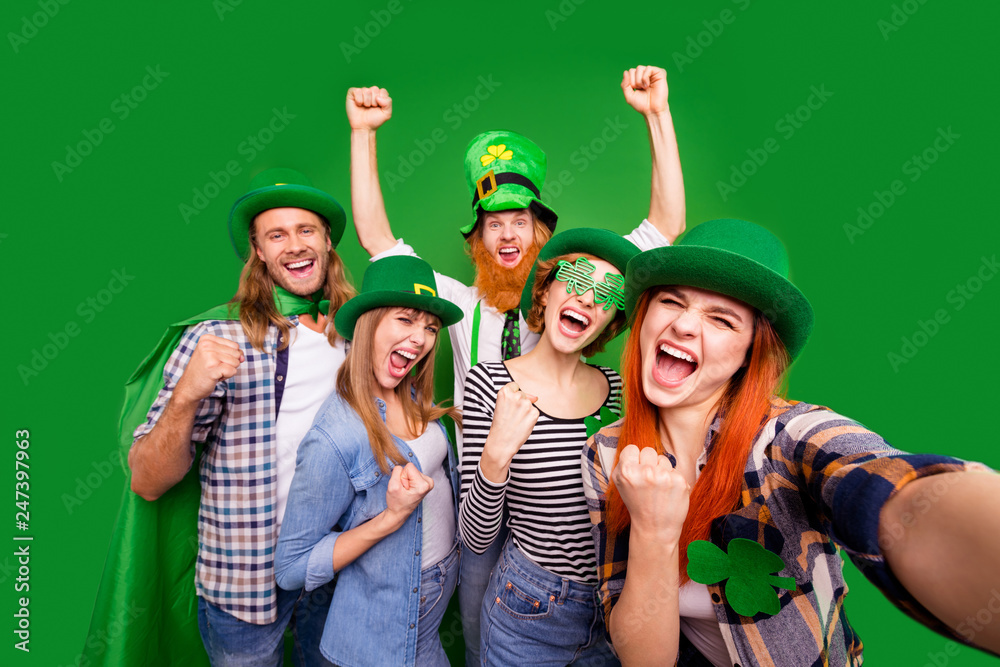 Self-portrait of nice cool crazy attractive cheerful positive stylish people guys ladies wearing costumes win winner lucky great news pub isolated over bright vivid shine background