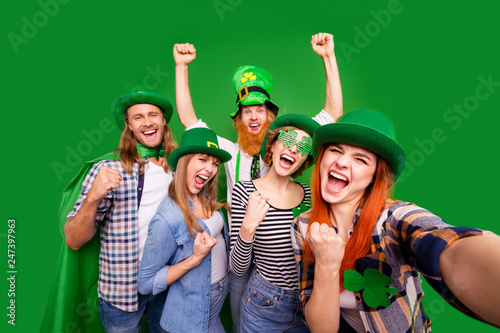 Self-portrait of nice cool crazy attractive cheerful positive stylish people guys ladies wearing costumes win winner lucky great news pub isolated over bright vivid shine background