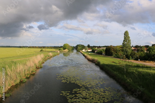 Canal de la Haute-Seine. Abandoned canal in central, northeastern France. Clesles, Champagne, Marne, Grand Est, France. Warm, calm, pleasant, spring day. Fresh, green vegetation. Growing plants. 