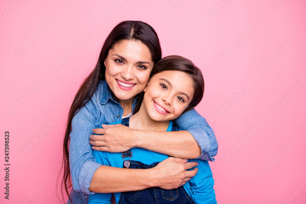 Close-up portrait of two nice cute pretty trendy stylish lovely attractive cheerful positive dreamy girls care trust feelings new family life mood isolated over pink pastel background Close-up portrait of two nice cute pretty trendy stylish lovely attractive cheerful positive dreamy girls care trust feelings new family life mood isolated over pink pastel background