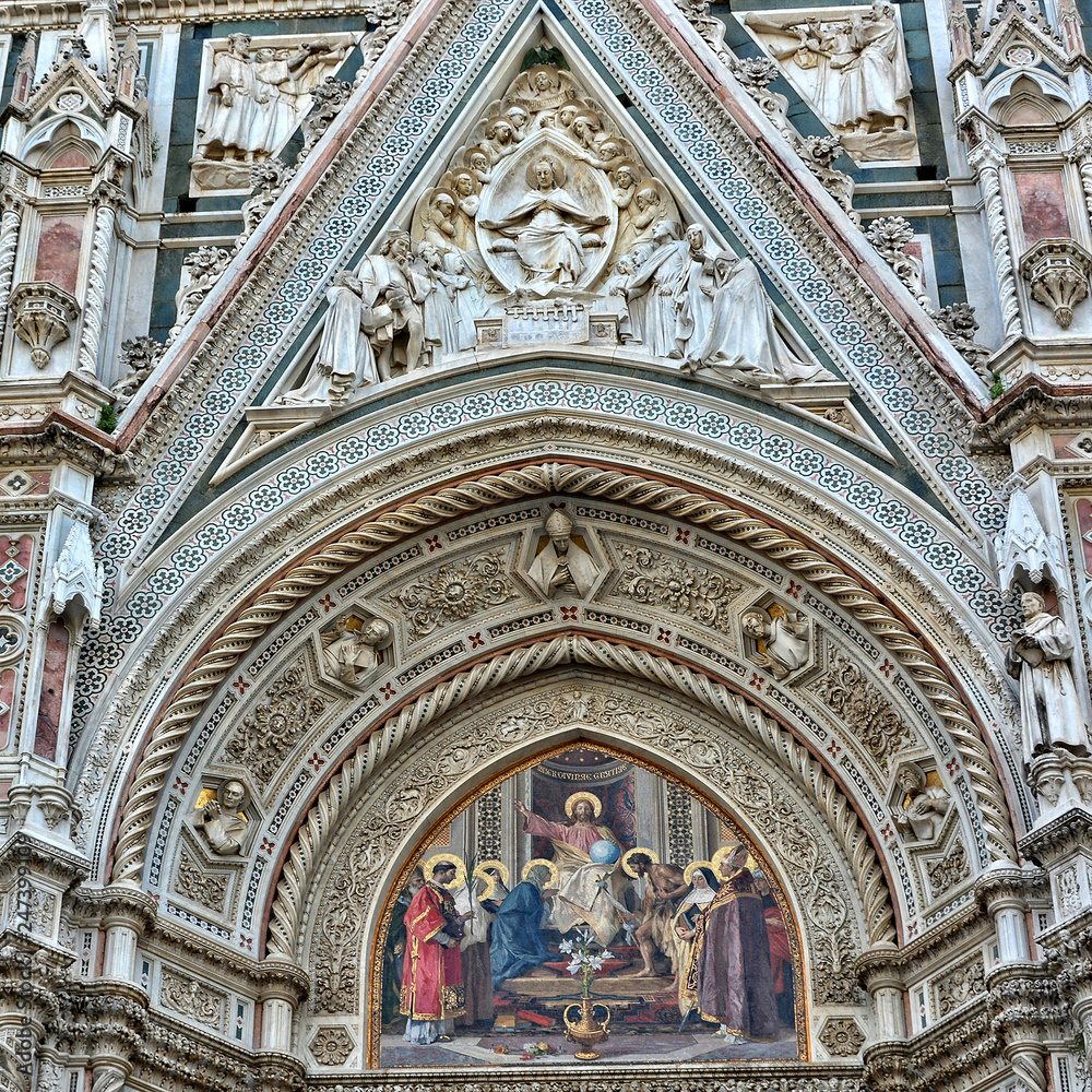 Italian Renaissance. Amazing architectural details with painting, carving & decorations of awesome marble facade of Florence Cathedral. Medieval Art and Architecture. Italy, Florence