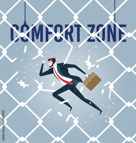 Breaking through. Businessman escaping through the comfort zone. Business Concept Vector
