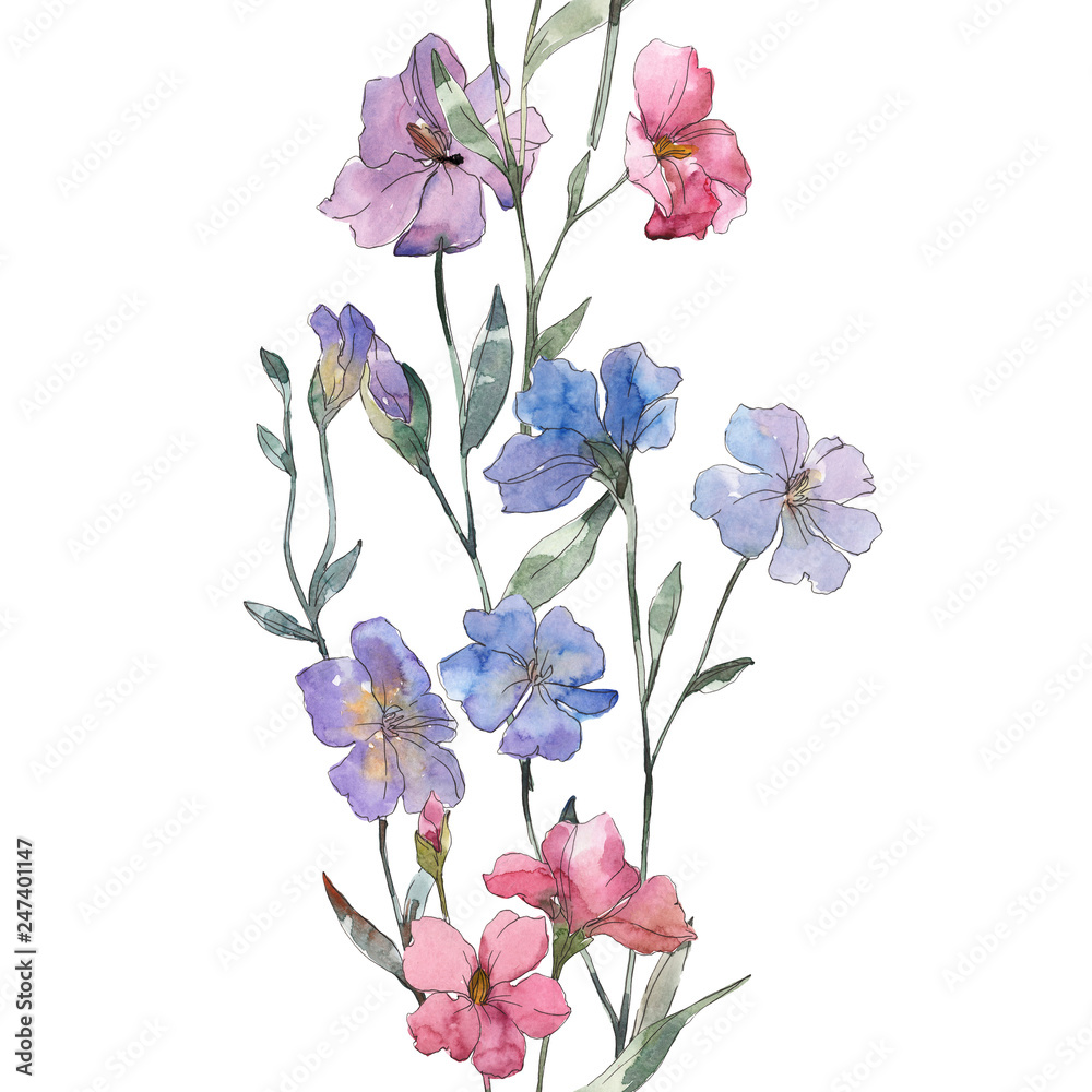Pink and purple flax floral botanical flower. Watercolor illustration set. Seamless background pattern.