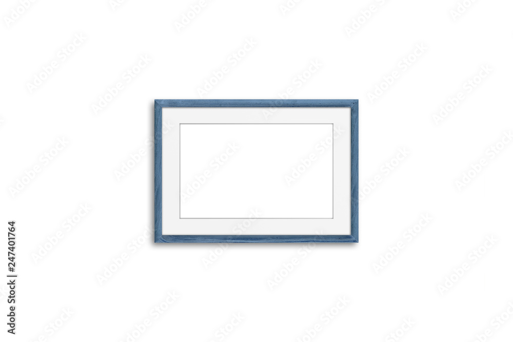 Blank photo frame mock up, grey blue realistic wooden framework isolated on white background, 3D illustration Blank photo frame mock up, grey blue realistic wooden framework isolated on white background, 3D illustration