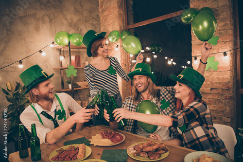 WIsh you happy st paddy day concept company gathered costume party beer food eat weekend rest relax friends guys ladies couples pairs brothers sisters family buddies tradition culture together
