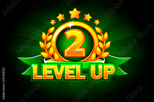 Level UP banner with green ribbon and text. Vector illustration for casino, slots, roulette and game UI
