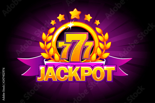 Jackpot banner with purple ribbon, 777 icons and text. Vector illustration for casino, slots, roulette and game UI