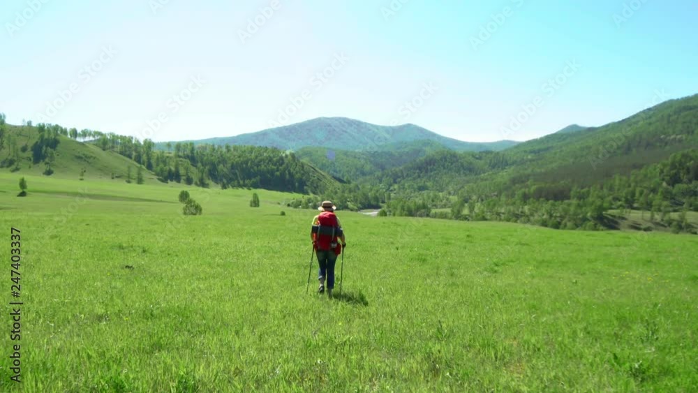 The woman the traveler with tourist sticks and with a red backpack climbs down a green mountain. Then the woman sits on a grass, the teapot on the gas burner stands nearby. The woman the traveler with tourist sticks and with a red backpack climbs down a green mountain. Then the woman sits on a grass, the teapot on the gas burner stands nearby.
