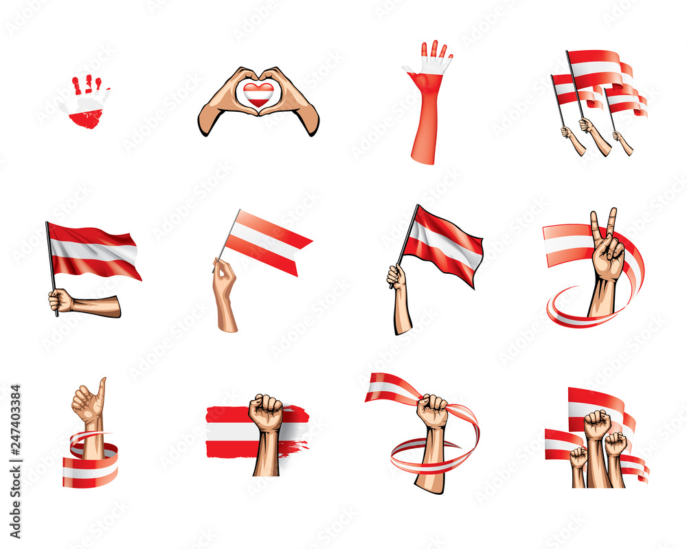 Austria flag and hand on white background. Vector illustration Austria flag and hand on white background. Vector illustration