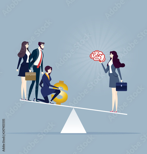 Businesswoman outweighing a small group - comparative advantage concept vector