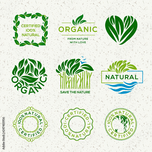 Organic food labels and elements, set for food and drink, restaurants and organic products vector illustration.