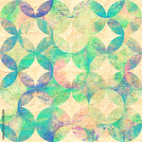 Abstract grunge colorful watercolor seamless pattern with overlapping circles on old paper background.