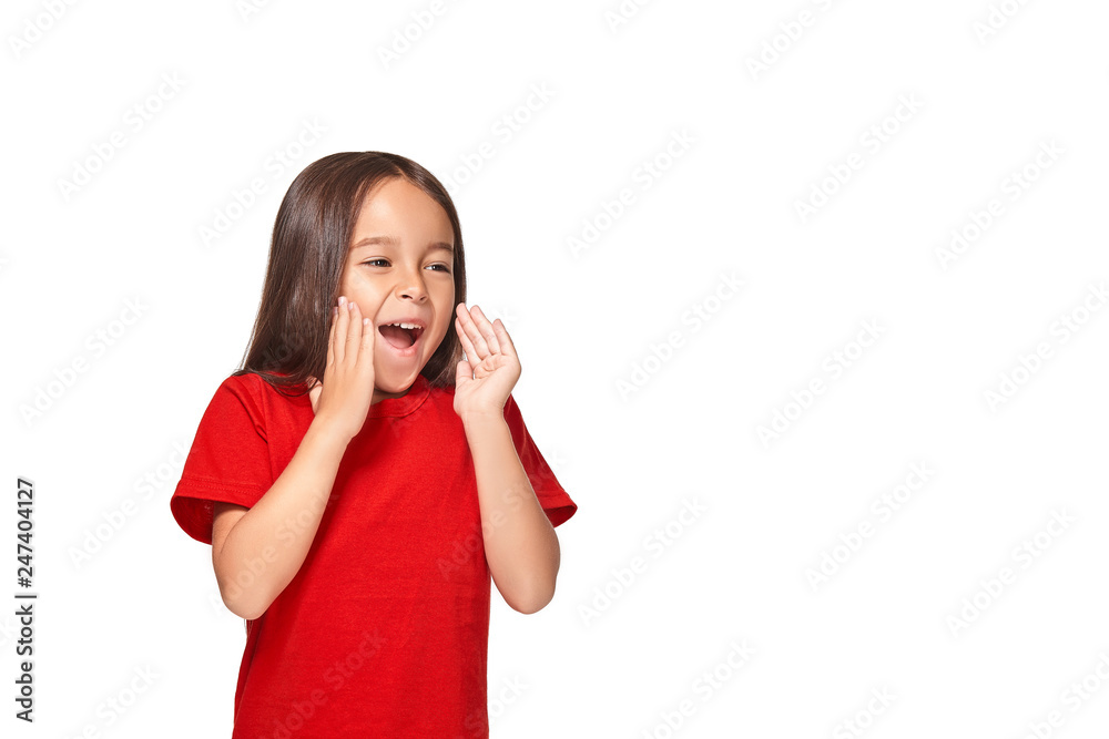 Portrait of little surprised girl excited scared. Isolated on white background Portrait of little surprised girl excited scared. Isolated on white background