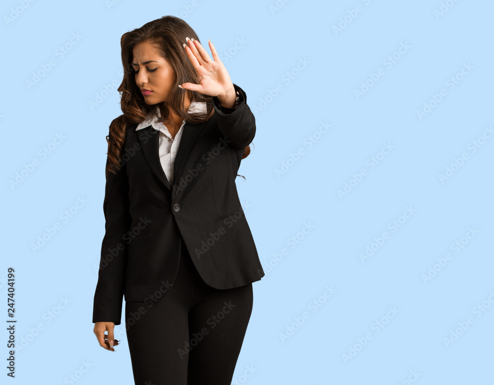 Full body young busines woman putting hand in front Full body young busines woman putting hand in front