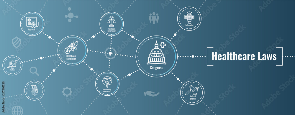 Health Laws and Legal icon set depicting various aspects of the legal system