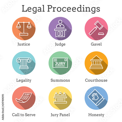 Law and Legal Icon Set with Judge, Jury, and Judicial icons