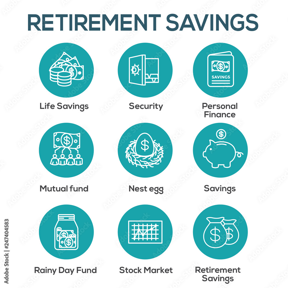 Retirement Account and Savings Icon Set w Mutual Fund, Roth IRA, etc