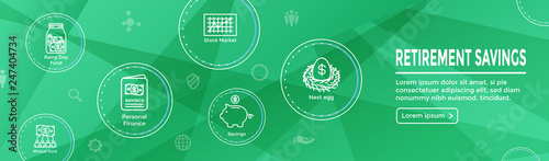 Retirement Account and Savings Icon Set Web Header Banner w Mutual Fund, Roth IRA, etc