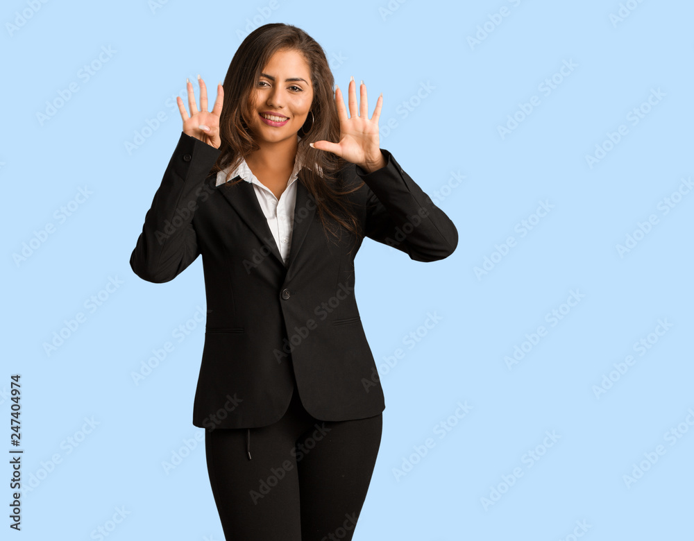 Full body young busines woman showing number nine Full body young busines woman showing number nine