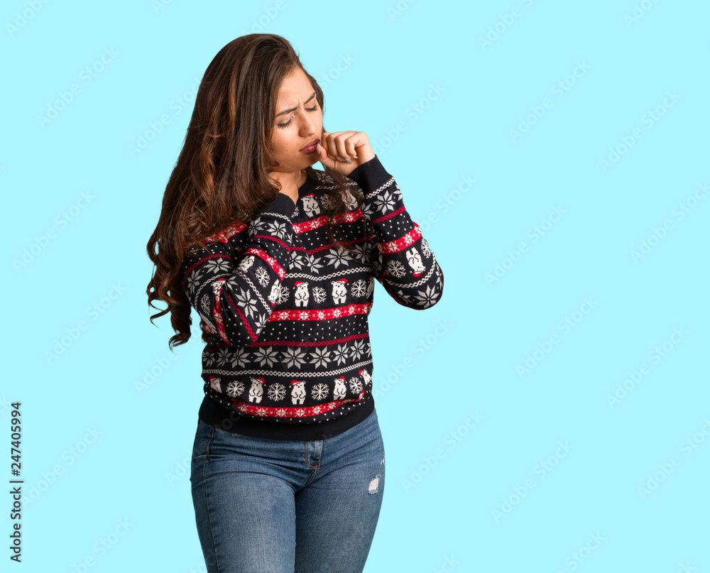 Full body young woman wearing a christmas jersey coughing, sick due a virus or infection Full body young woman wearing a christmas jersey coughing, sick due a virus or infection