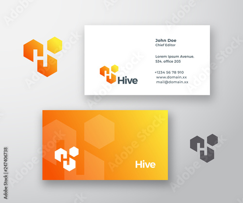 Hive Abstract Vector Logo and Business Card Template. Letter H Incorporated in the Hive Cells with Modern Typography. Premium Stationary Realistic Mock Up.