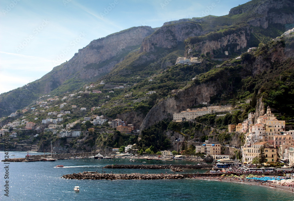Beautiful view of Amalfi and city beach on Amalfi Coast of Italy