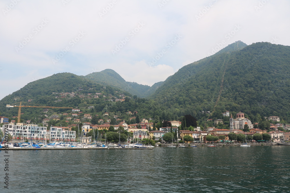 View tLaveno Mombello at the Lago Maggiore from a car ferry, Italy