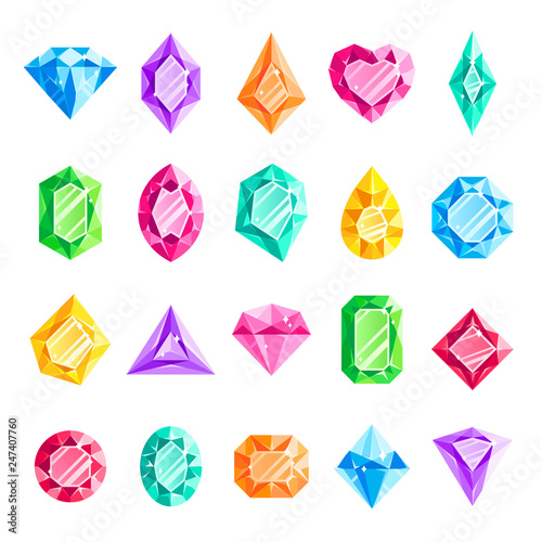 Jewels gems. Jewelry diamond, jewel heart crystal gem and diamonds gemstone isolated vector illustration set photo