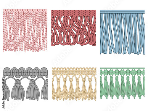 Garment fringe. Ruffle seam trim, raw textile edge and tassel braid ruffles isolated seamless patterns illustration set photo