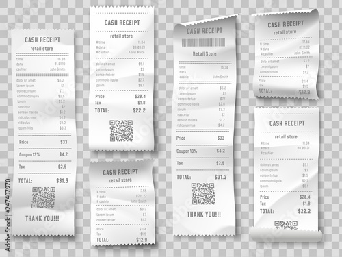 Retail purchase bill. Supermarket shopping receipt, sum invoice check and total cost store sale paper isolated vector set photo