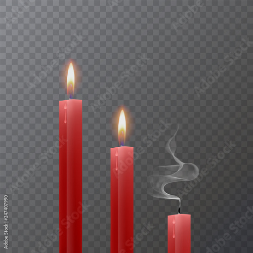 Realistic red candle, Burning red candle and an extinct candle on dark background, vector illustration