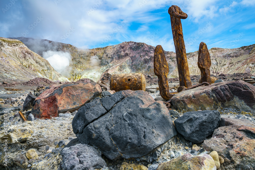 rusty ship anchor and rocks in volcanic crater, white island, new zealand 1 rusty ship anchor and rocks in volcanic crater, white island, new zealand 1