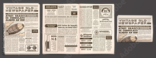 Vintage newspaper mockup. Retro newsprint pages, tabloid magazine and old news isolated 3D vector template photo