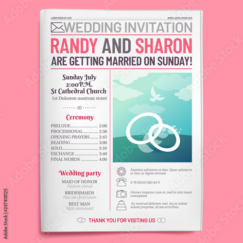 Wedding invitation tabloid. Newspaper front page, getting married brochure and old love journal layout vector illustration