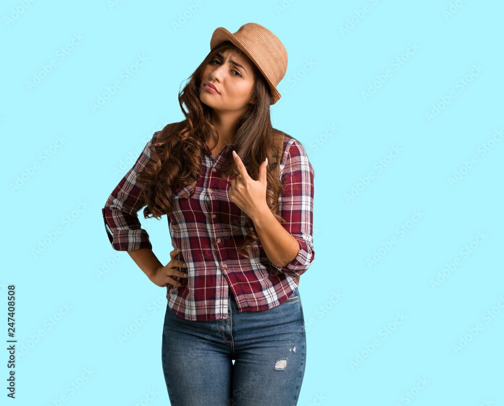Full body young traveler curvy woman inviting to come Full body young traveler curvy woman inviting to come