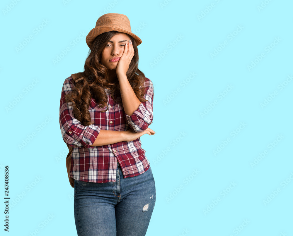 Full body young traveler curvy woman tired and very sleepy Full body young traveler curvy woman tired and very sleepy