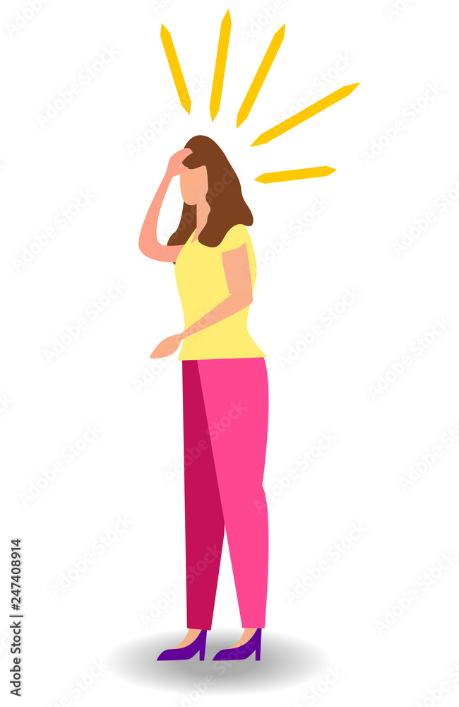 Woman having headache, migraine, pressing hand to her forehead, cartoon vector illustration isolated on white background
