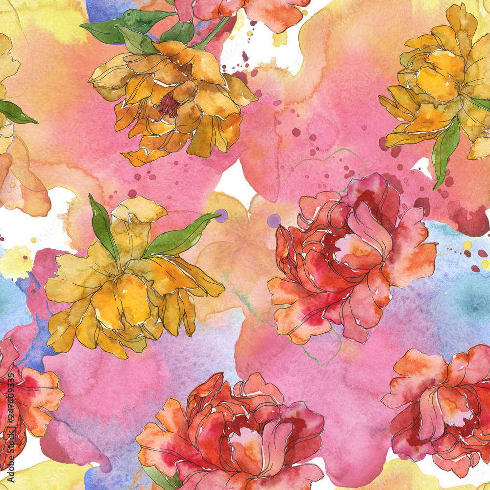 Yellow and red peony floral botanical flower. Watercolor background illustration set. Seamless background pattern.