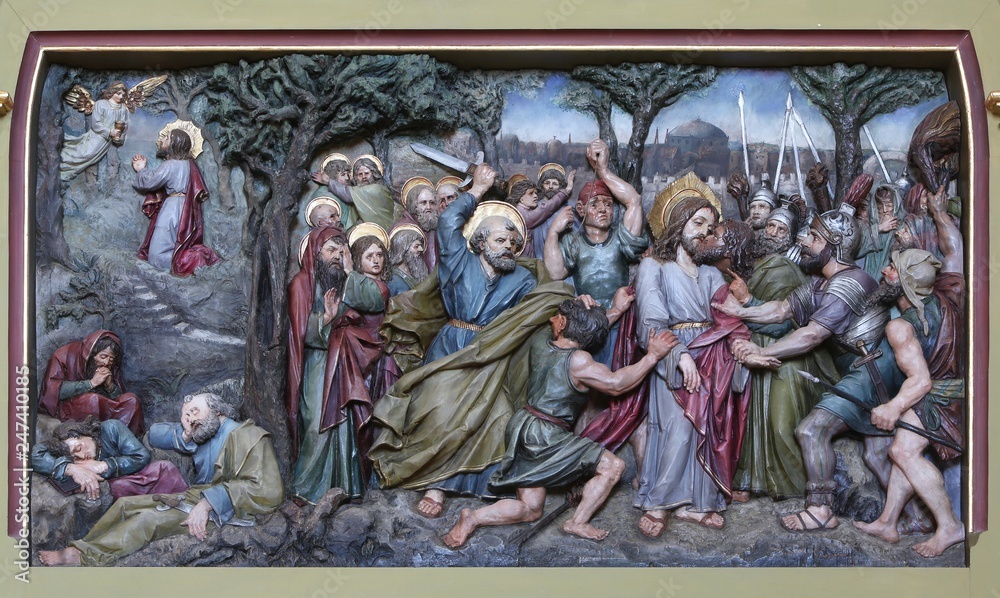 Judas kiss, Jesus in the Garden of Gethsemane, altarpiece in church of Saint Matthew in Stitar, Croatia 
