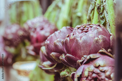 a close up view of some artichokes