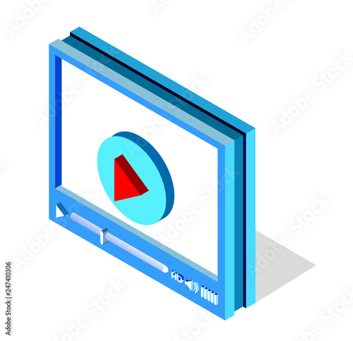 Isometric video player interface for web site design or mobile application. Vector illustration on white