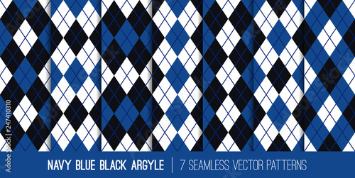 Navy, Blue, Black and White Argyle Seamless Vector Patterns. Father's Day Party Backgrounds. Classic Sport Fashion Textile Prints. Pattern Tile Swatches Included.