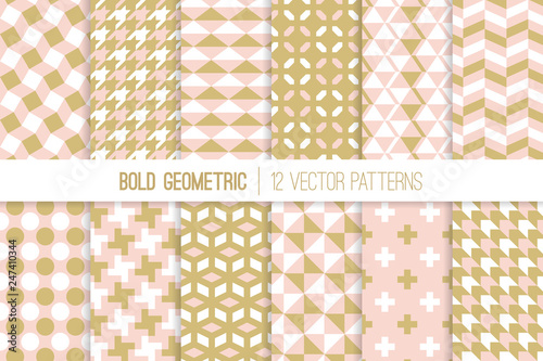 Blush Pink and Soft Gold Modern Geometric Vector Patterns. Bold Geo Prints for Wrapping Paper or Stationary. Soft Pastel Color Backgrounds. Repeating Pattern Tile Swatches Included.