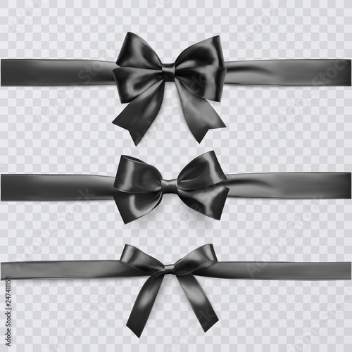 Set of decorative black bows with horizontal ribbon isolated on transparent background, bow and ribbon for gift decor, vector illustration